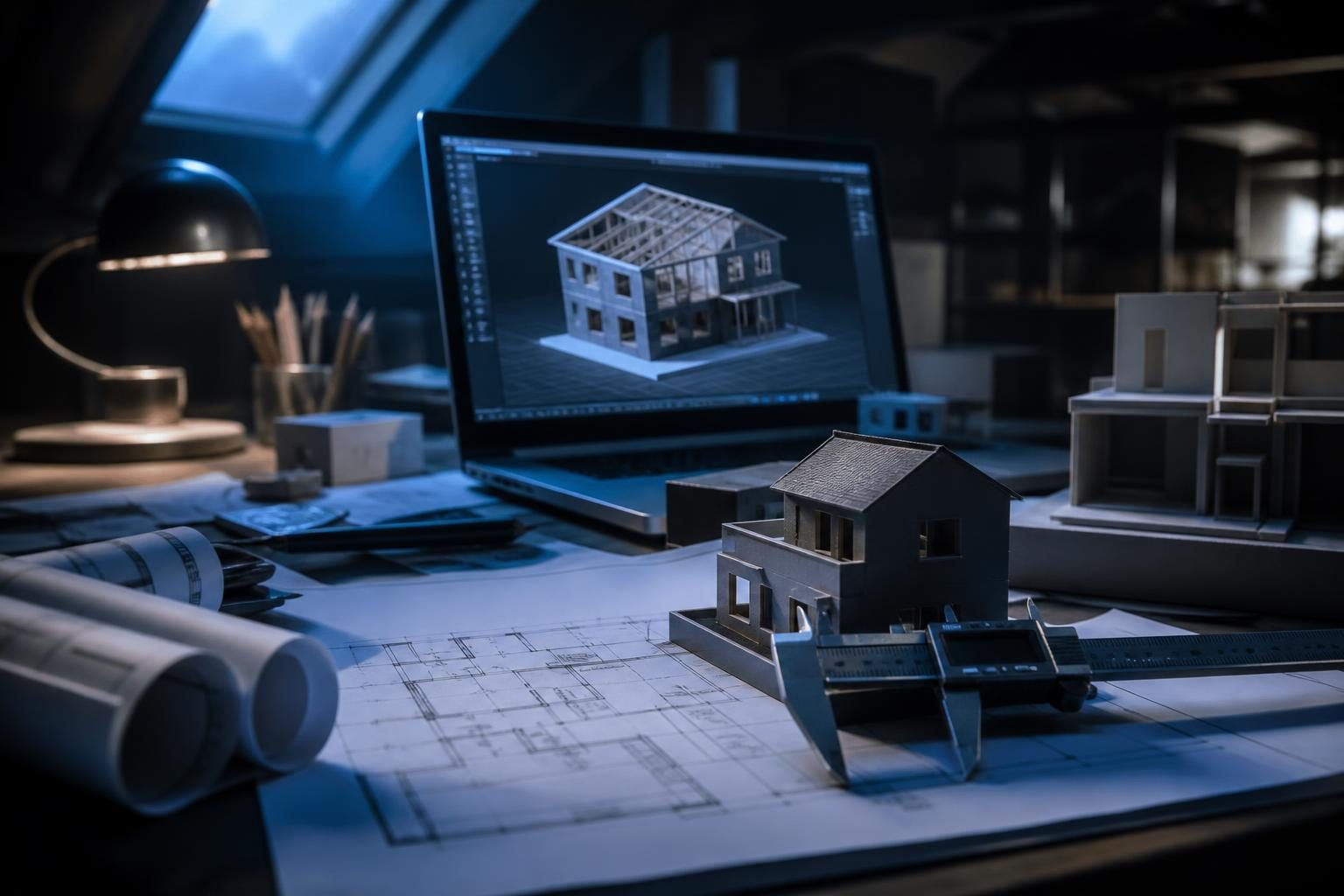 Ein Dachgeschoss-Arbeitsplatz mit einem ausgebreiteten Bauplan, einem digitalen Messschieber an einem Hausmodell und einem Laptop mit 3D-Modellierungssoftware im Hintergrund.