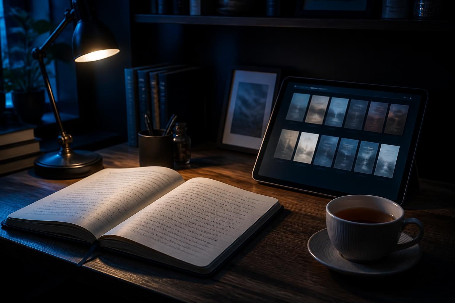 Ein hölzerner Schreibtisch mit offenem Notizbuch und Tablet, das eine Bücher-App zeigt, beleuchtet von einer warmen Schreibtischlampe.