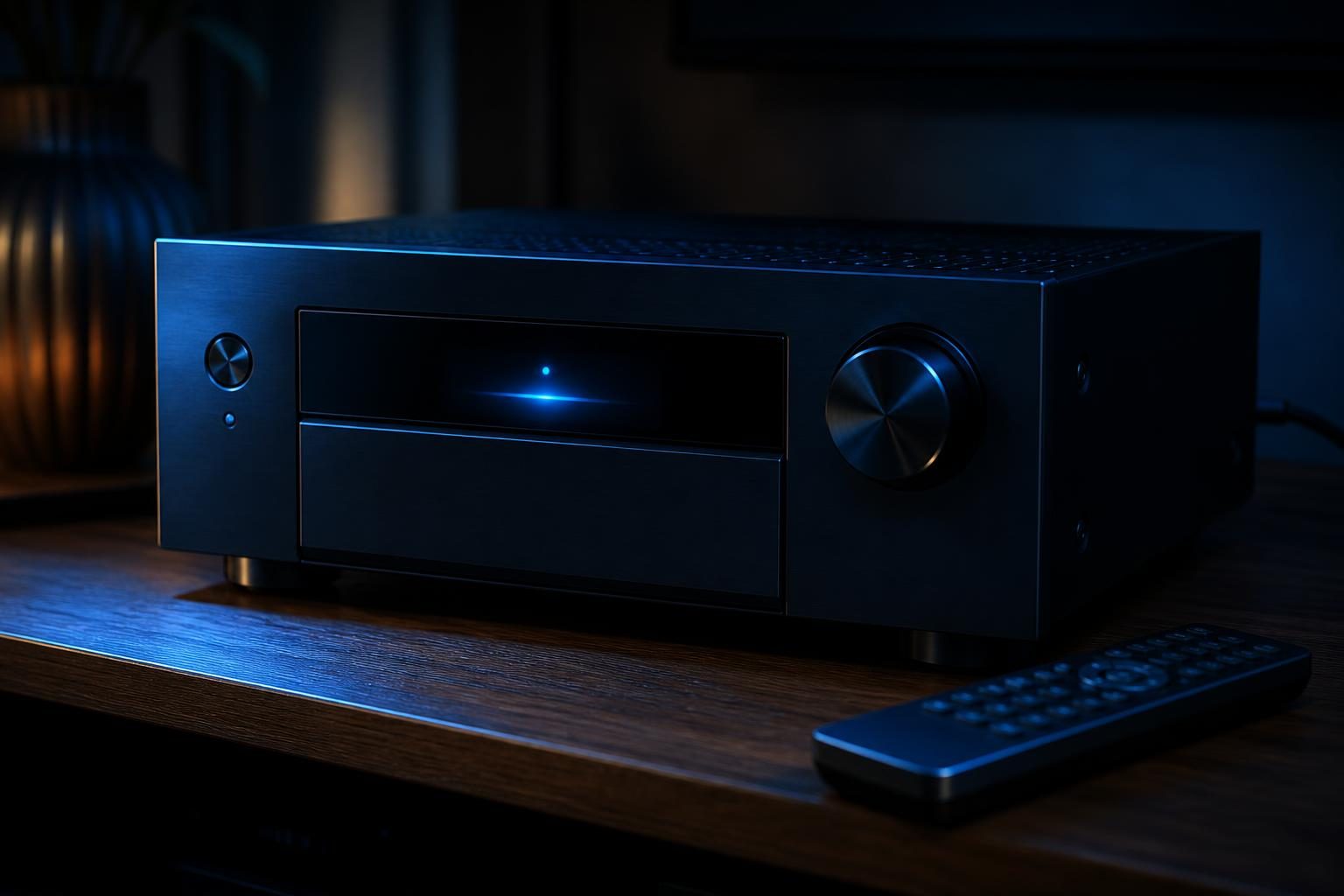 Ein AV-Receiver von 2014 steht auf einem Holzregal, im Standby-Modus, mit einer Fernbedienung daneben.
