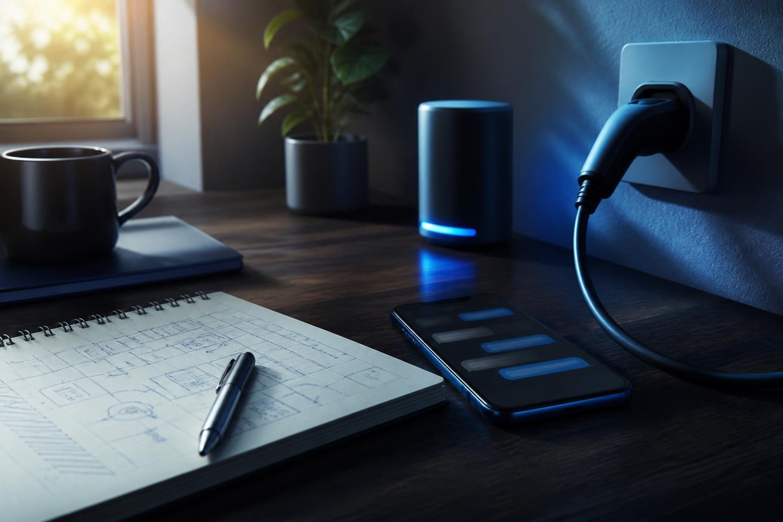 Smartphone auf einem Schreibtisch mit geöffneter Chat-App, im Hintergrund ein eingestecktes Ladekabel für ein Elektroauto und ein Smart-Home-Hub.