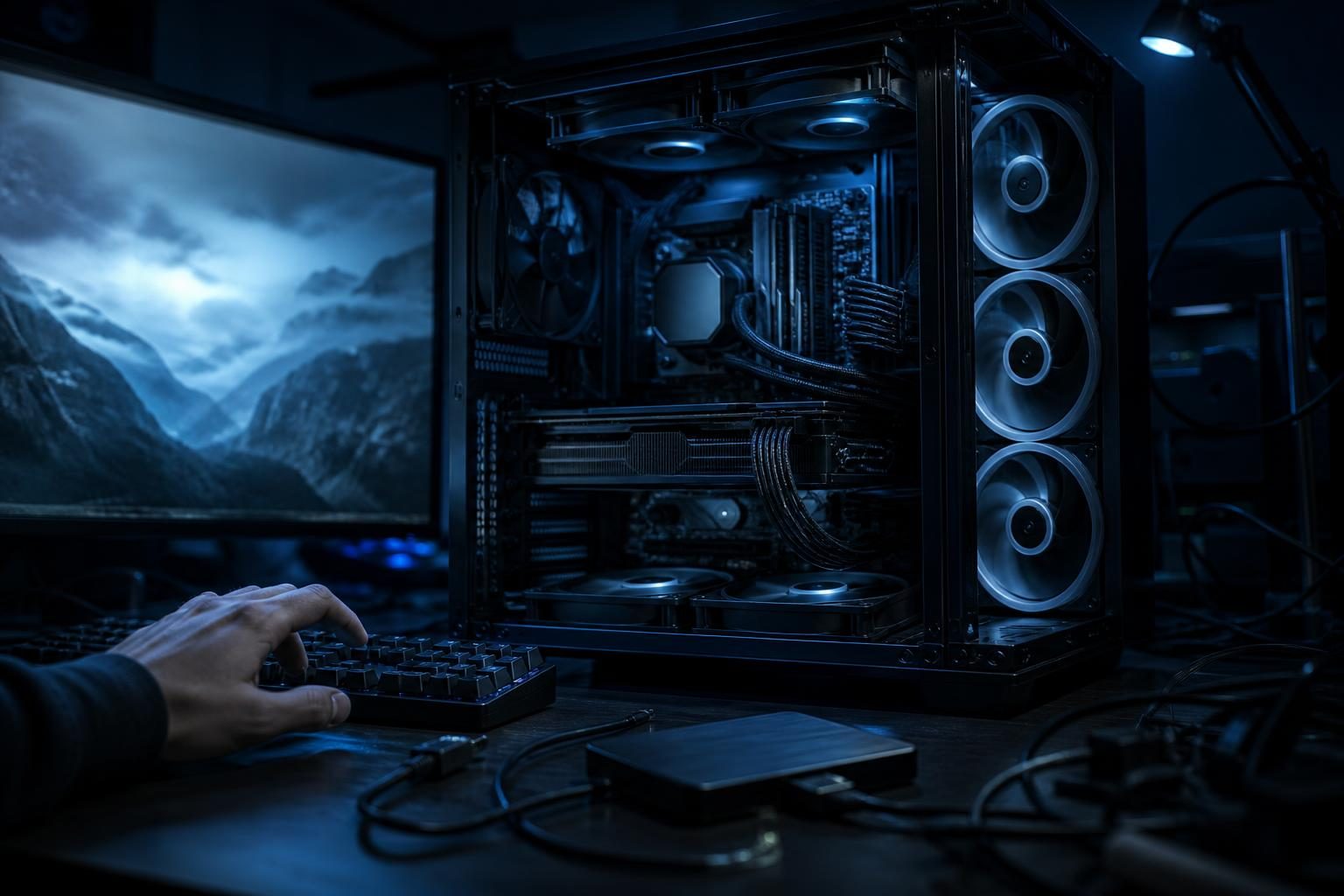 Ein geöffneter Desktop-PC auf einer Werkbank, daneben ein eingefrorener Bildschirm und eine Hand über der Tastatur, die auf einen Speicherengpass hinweist.
