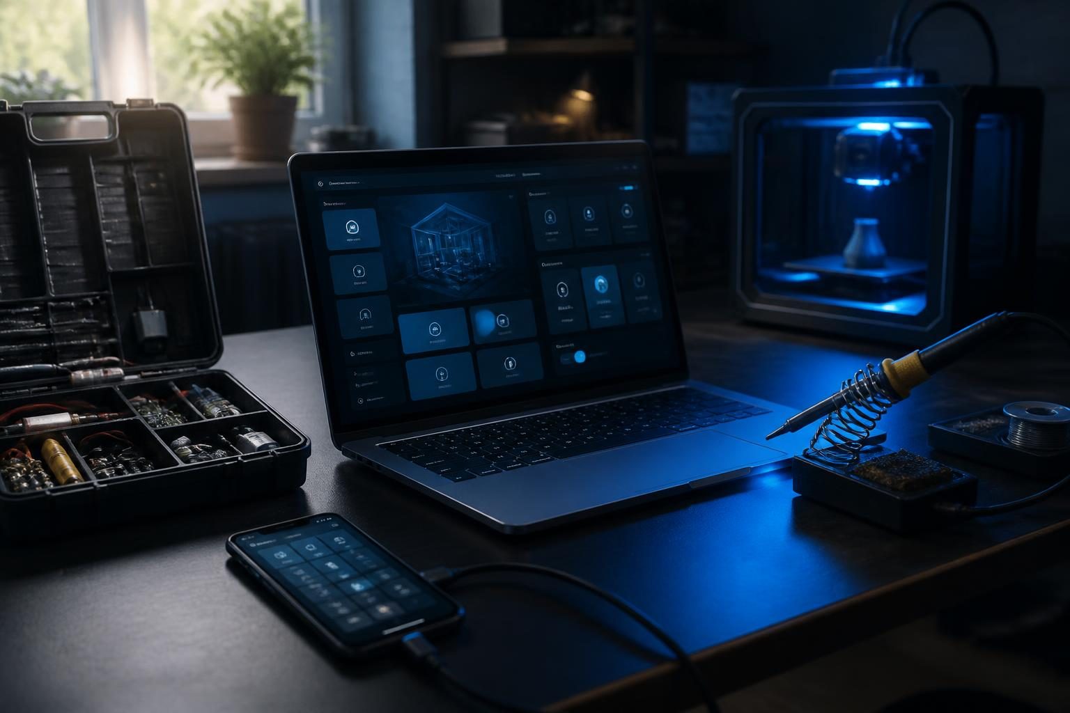 Moderner Heimarbeitsplatz mit Laptop, Smartphone mit ausgegrauten Steuerknöpfen und Elektronikwerkzeug auf dem Tisch.